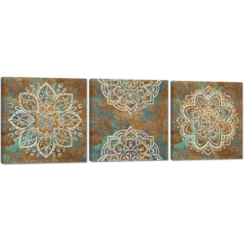 NWOT 3pb Vintage Boho Flowers Canvas Wall Art Mandala Floral Pictures Print